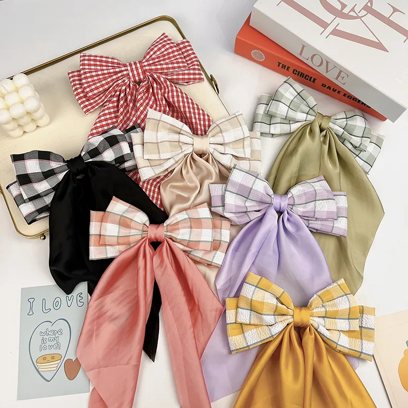 Large Bow Hair Clip With Long Ribbon Plaid Polyester Satin Elegant Korean Style Sweet Headwear For Women Girls