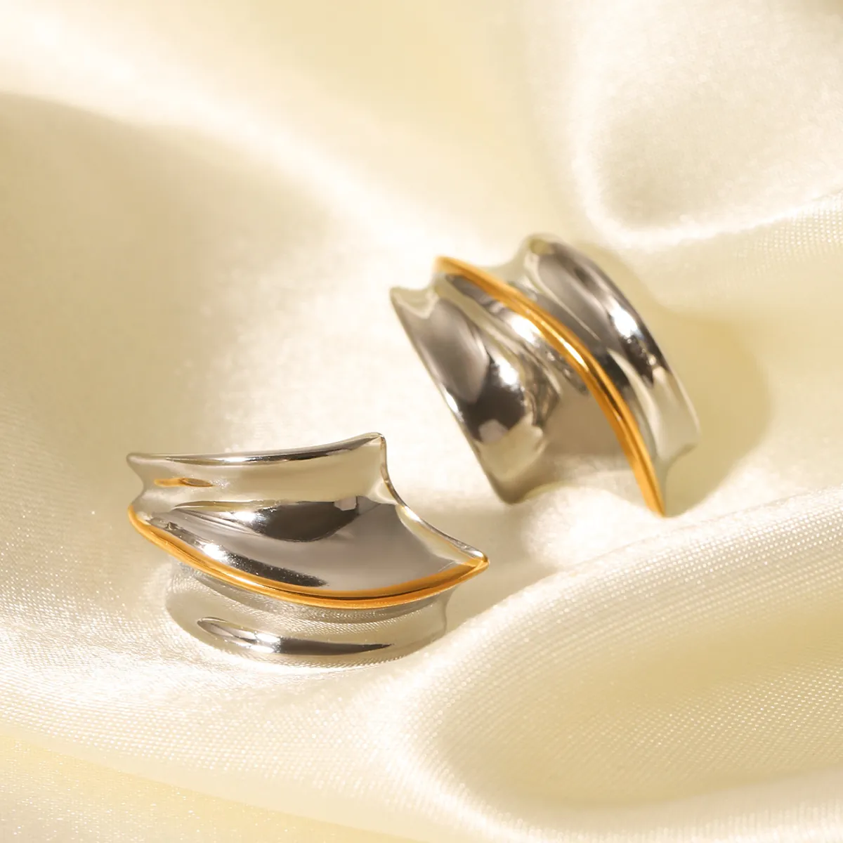 Geometric Earrings Stainless Steel Two Tone Gold Silver Mixed Minimalist Irregular Wave Shape Statement Jewelry Women