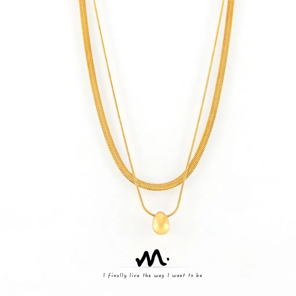 Double Layer Necklace Stainless Steel Flat Herringbone Snake Chain Waterdrop Pendant Gold Plated Elegant Jewelry For Women