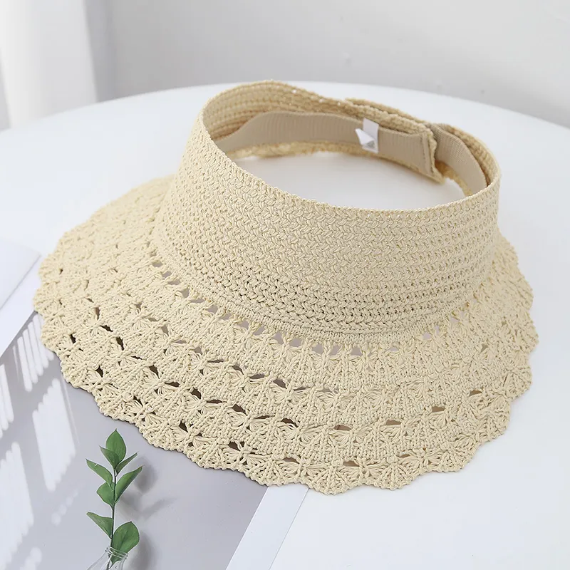 Visière De Soleil Femmes Tricot Évidé Paille De Papier Sommet Vide Respirant Large Bord Festonné Extérieur Plage Voyage