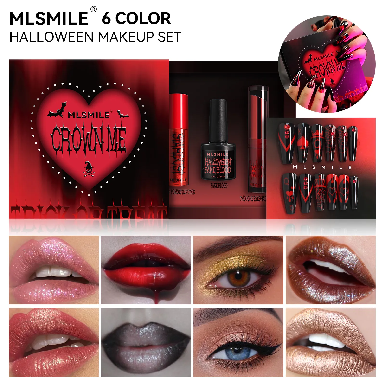 Halloween Gothisch Make-up Set Mit Glitzer Lippenstift Zweifarbiger Lidschattenstift Künstliches Blut Und Künstliche Nägel Horror Party Spezialeffekte Kosmetik