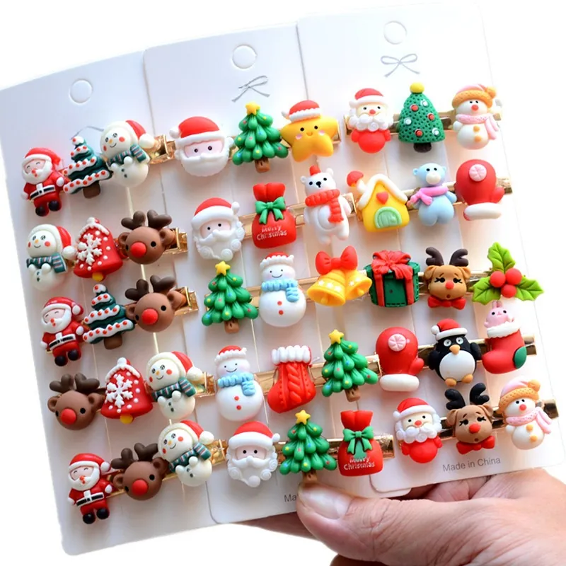Christmas Hair Clips For Kids Santa Reindeer Snowman Resin Acrylic Hairpins Alloy Alligator Clips Holiday Accessories