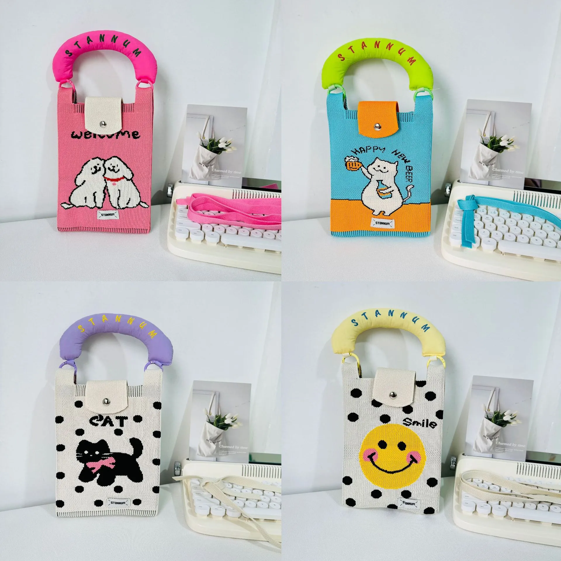 Cute Cartoon Cat Dog Knitted Crossbody Bag Mini Polyester Woven Phone Handbag For Women Daily Matching Streetwear Soft Kawaii