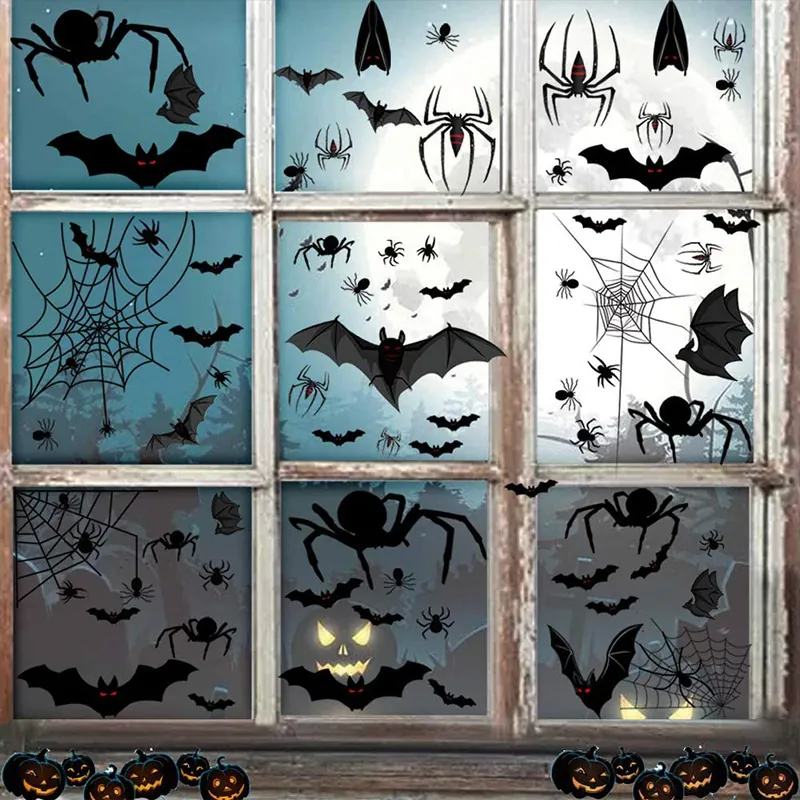 Autocollants Fenêtre Halloween Chauve-souris Araignée Statique PVC Pour Décoration De Fête DIY Scène Effrayante