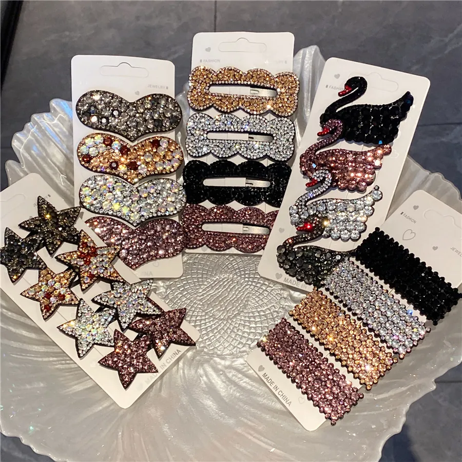 Sparkling Rhinestone Hair Clips Geometric Heart Star Swan Wave Alloy BB Pins Luxury Vintage Hair Jewelry For Women Girls