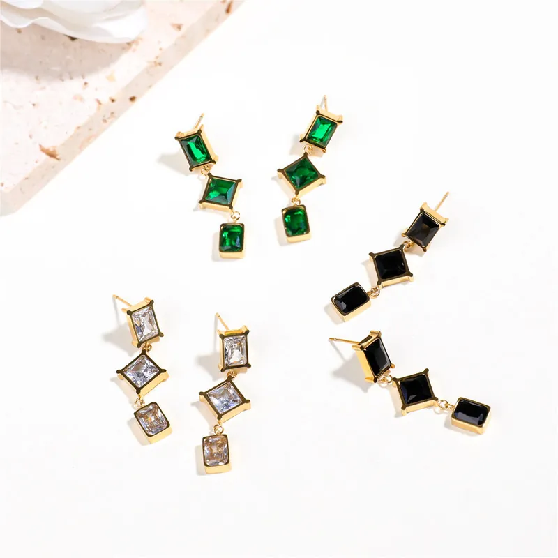 Geometric Long Drop Earrings Titanium Steel Gold Plated Cubic Zirconia Jewelry For Women Elegant Square Rhombus Gemstone