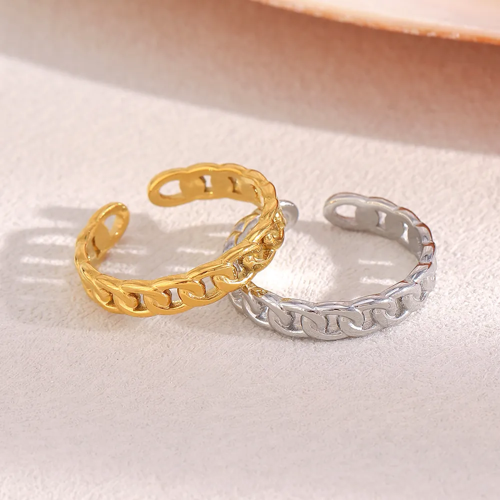 Minimalist Stainless Steel Chain Link Open Ring 18K Gold Plated Chic Adjustable Band For Women