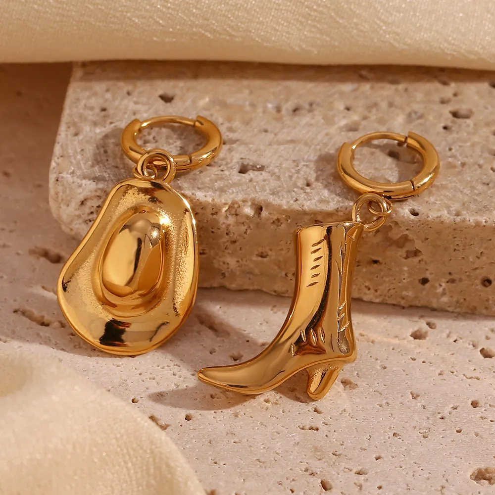 Western Cowboy Hat Boots Stainless Steel Earrings Necklace Gold Plated Asymmetric Jewelry For Women Fashion Accessories