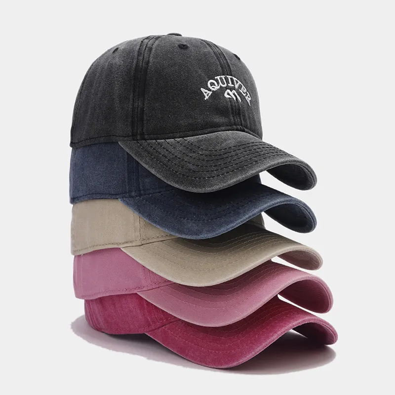 Washed Cotton Baseball Cap Letter Embroidery Distressed Retro Style Sun Protection Hat For Men And Women Adjustable