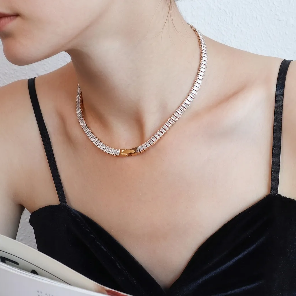 Baguette Cut Zircon Tennis Necklace French Luxury Niche Titanium Steel Choker For Women Elegant Jewelry