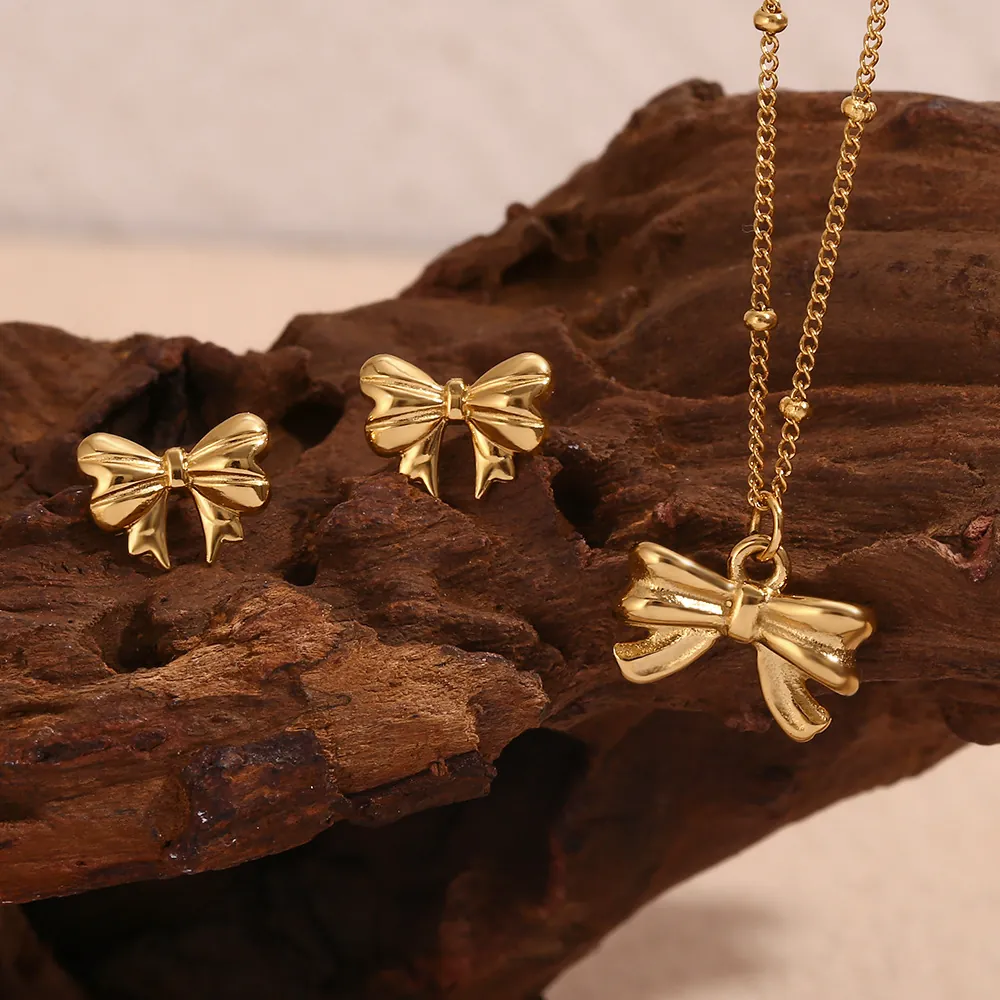 Minimalist Stainless Steel Bow Jewelry Set For Women Gold Silver Plated Necklace And Earrings Fashion Delicate Bowknot Jewelry