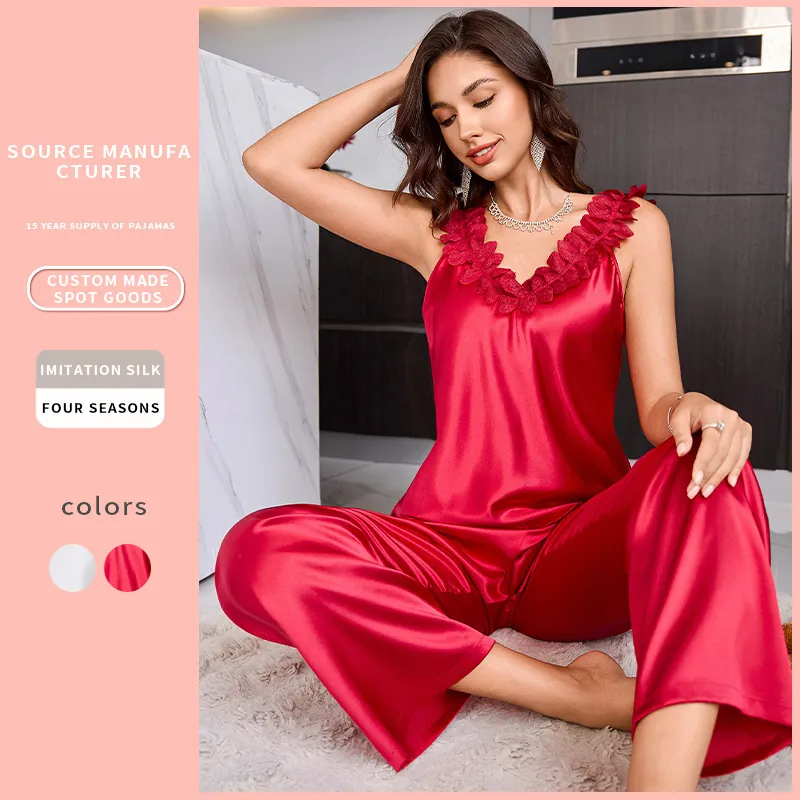 Pyjama Femme Haut À Bretelles Et Pantalon Long Imitation Satin Satin Volants Col En V Tenue De Détente Douce