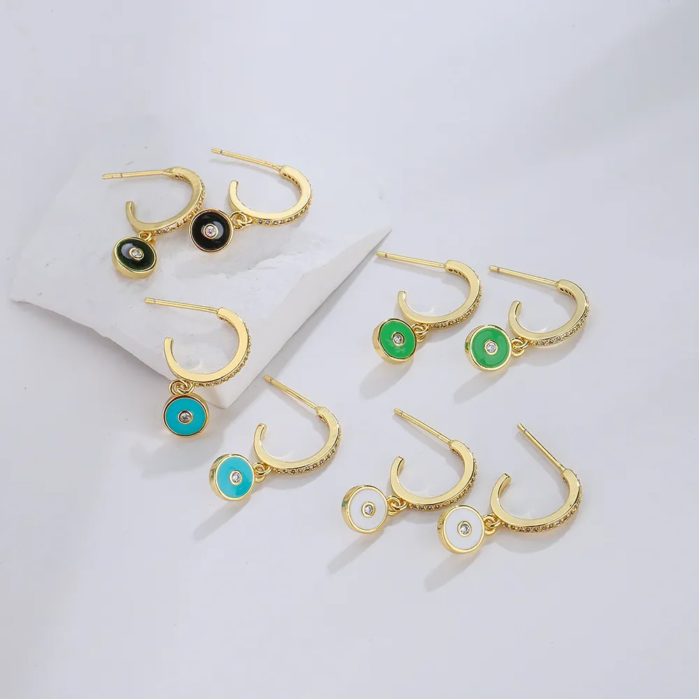 Evil Eye Hoop Earrings 18K Gold Plated Copper Micro Inlaid Zircon Colorful Enamel Pendants Niche Design Jewelry Women