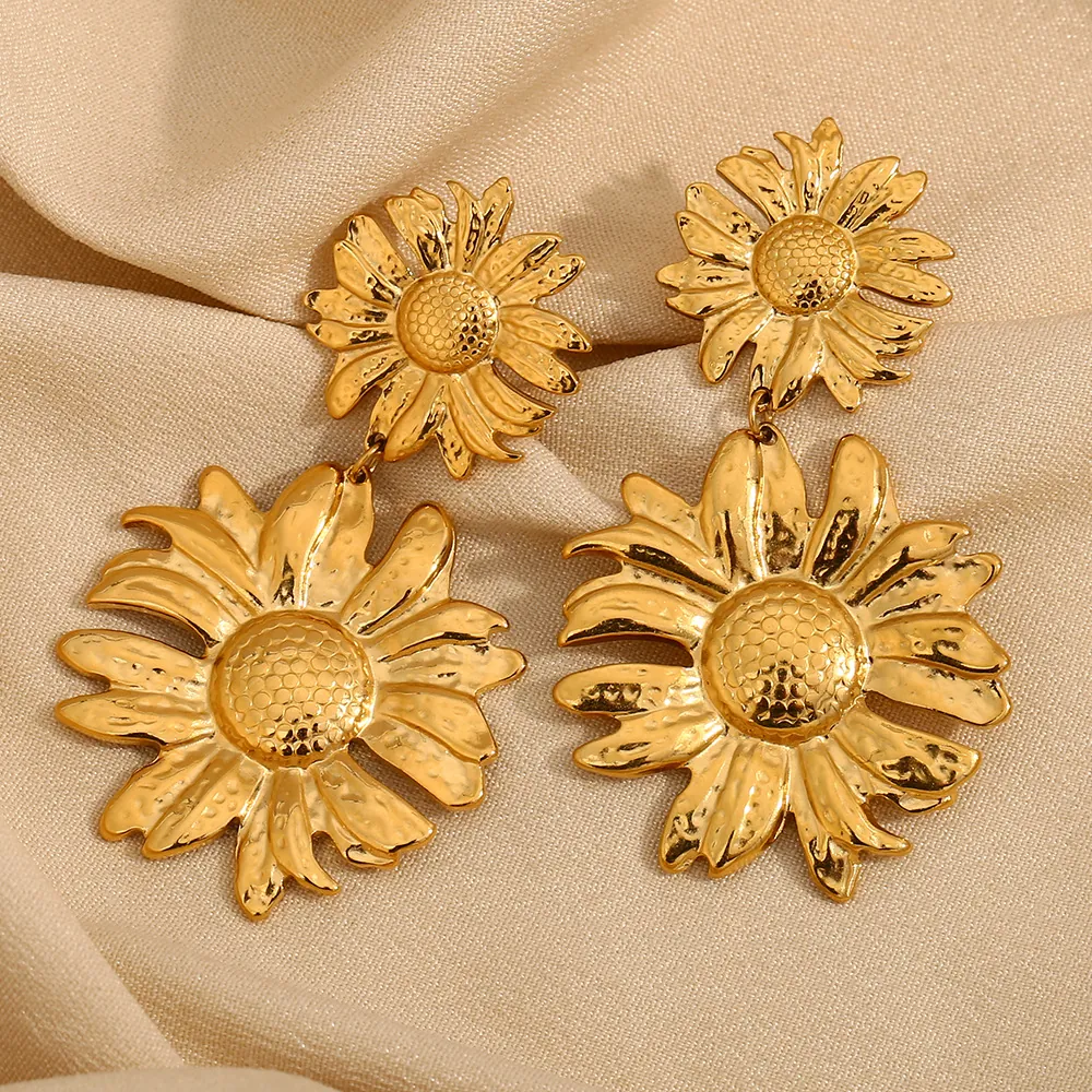 Gänseblümchen Blume Ohrstecker 18K Vergoldeter Edelstahl Doppelschicht Sonnenblume Retro Französischer Stil Für Frauen