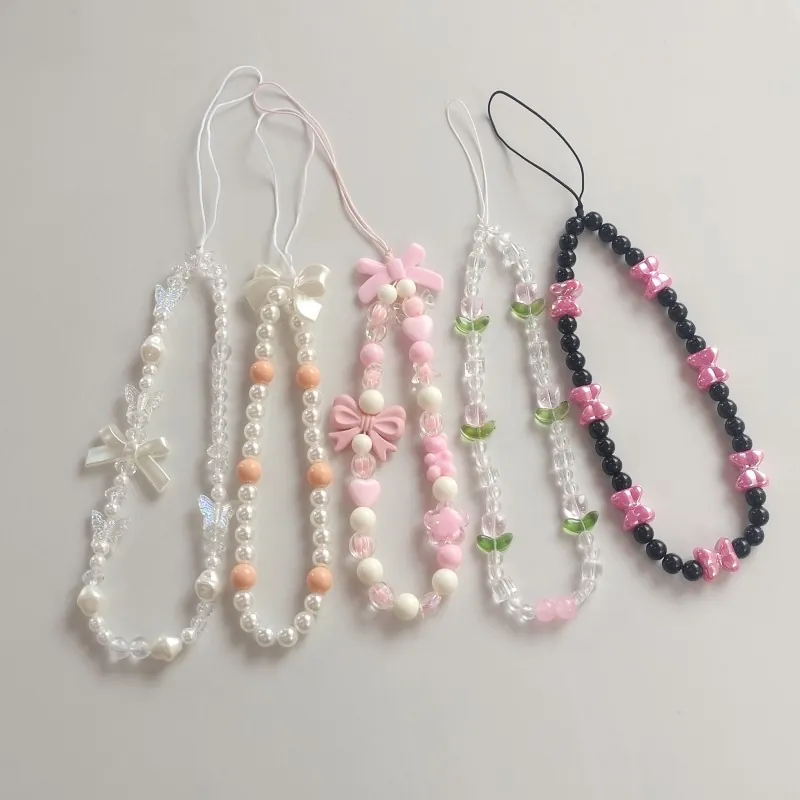 Sweet Beaded Phone Chain Lanyard For Women Heart Bow Flower Butterfly Bear Phone Charm Keychain Bag Accessories Acrylic Resin Beads