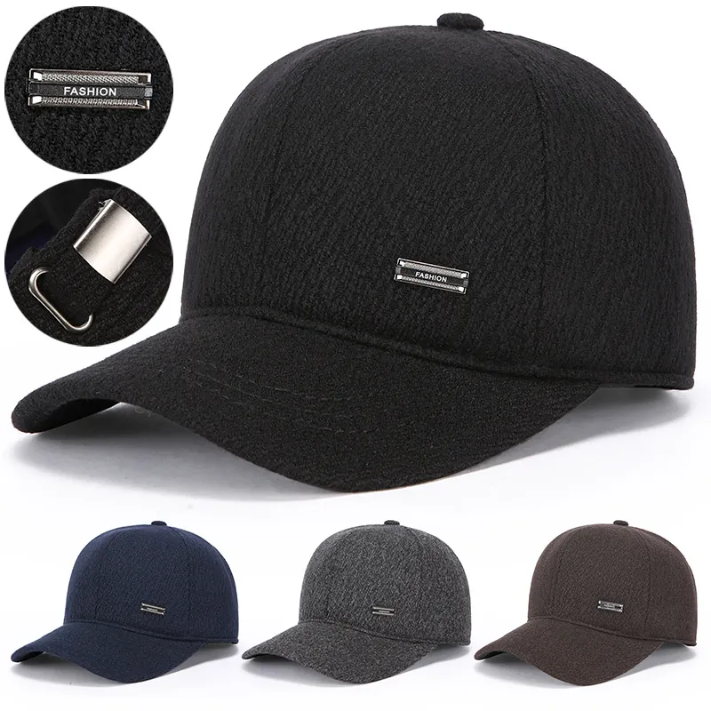 Men Winter Thickened Woolen Baseball Cap Warm Peaked Hat With Foldable Earflaps Adjustable Casual Style Outdoor