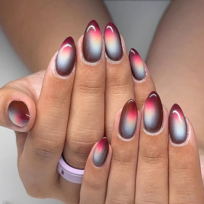 Almond Gradient Cat Eye Press On Fake Nails Metallic Glossy Long Stiletto Manicure Tips Women