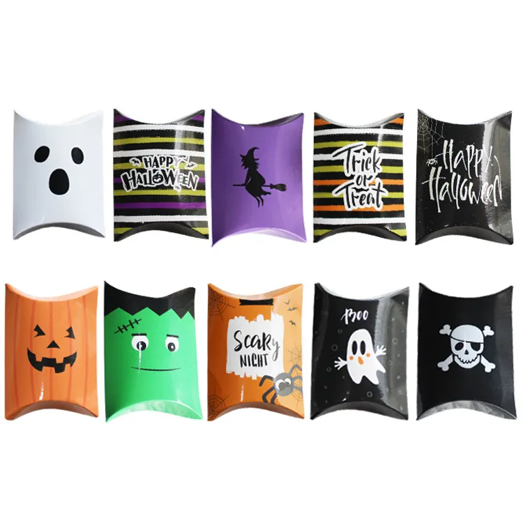 Halloween Candy Gift Boxes Pillow Shaped Paper Packaging Cartoon Ghost Pumpkin Spider Patterns For Party Favor Treats