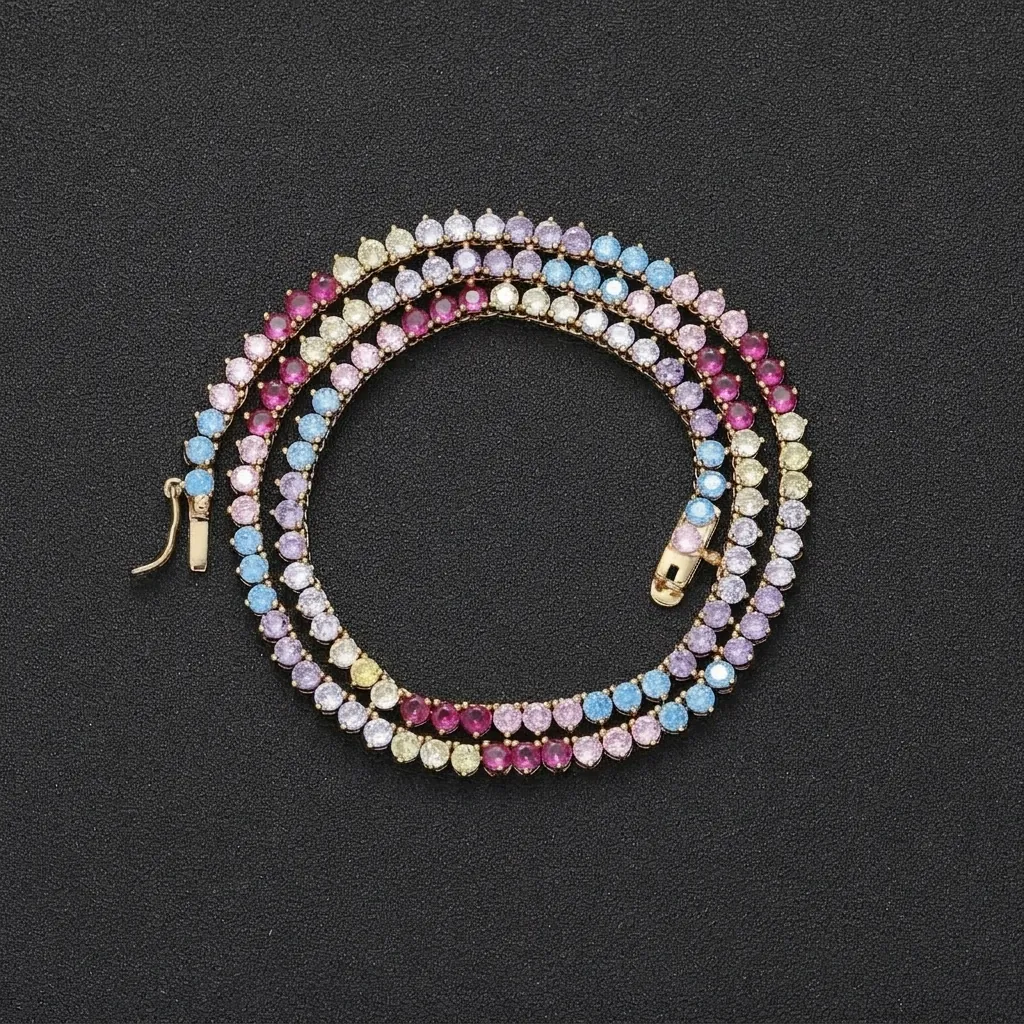 Tennis Kette Halskette Kupfer Vergoldet Bunte Zirkonia Mikro Pave Hip Hop Iced Out Regenbogen Gradient Schmuck