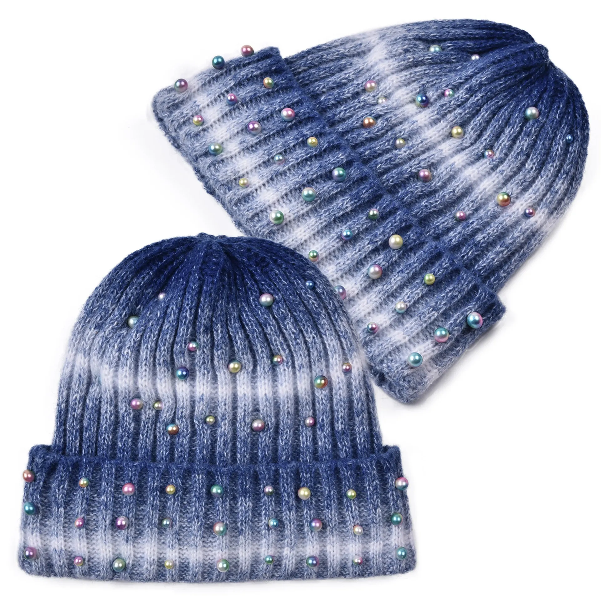 Berretto In Maglia Tie Dye Perla Artificial Sintetica Colorata Caldo Invernale Spesso Con Fodera In Peluche
