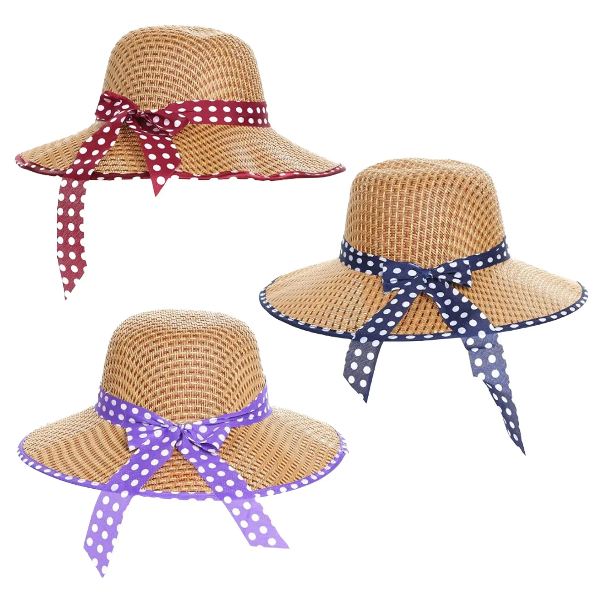 Women Summer Woven Paper Straw Sun Hat Wide Brim Polka Dot Bow Beach Breathable Sunshade Fashion Korean Style Vacation