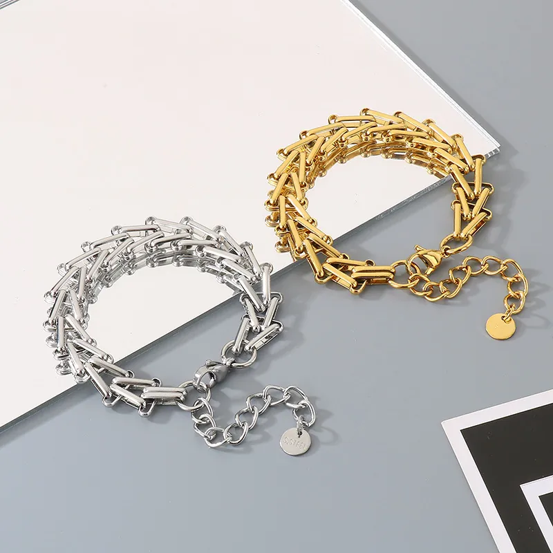 Bracelet En Acier Inoxydable Avec Maillons En V 18K Plaqué Or Bijou De Chaîne Géométrique Minimaliste Pour Hommes Et Femmes