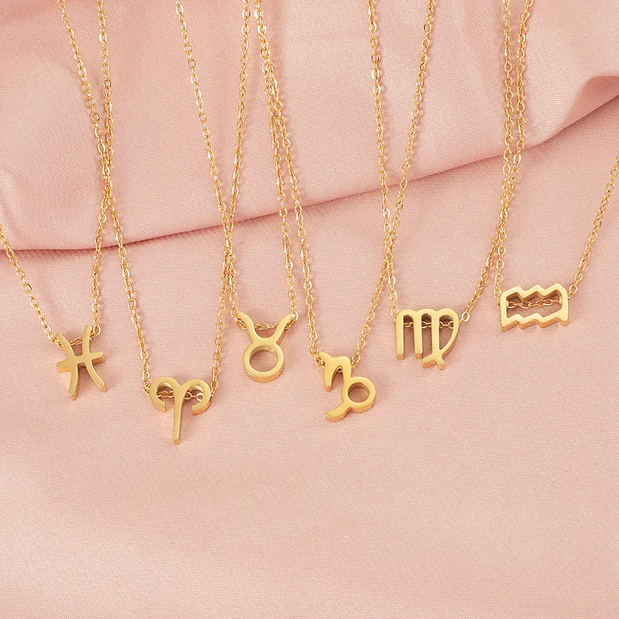 Zodiac Sign Necklace 18K Gold Plated 304 Stainless Steel Horoscope Symbol Pendant Dainty Clavicle Chain Jewelry For Women