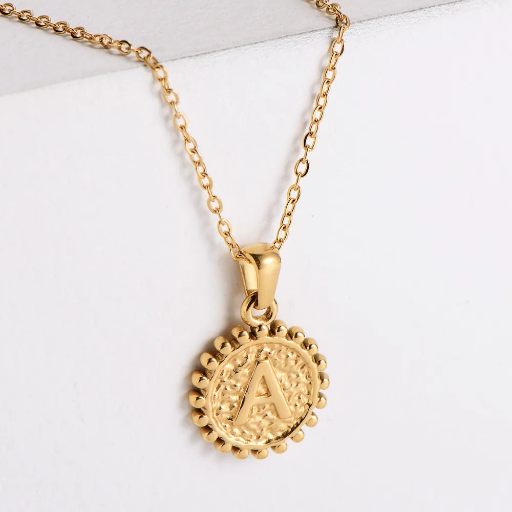 Stainless Steel Initial Necklace 18K Gold Plated Hammered Coin Letter Heart Pendant Medallion Jewelry For Women