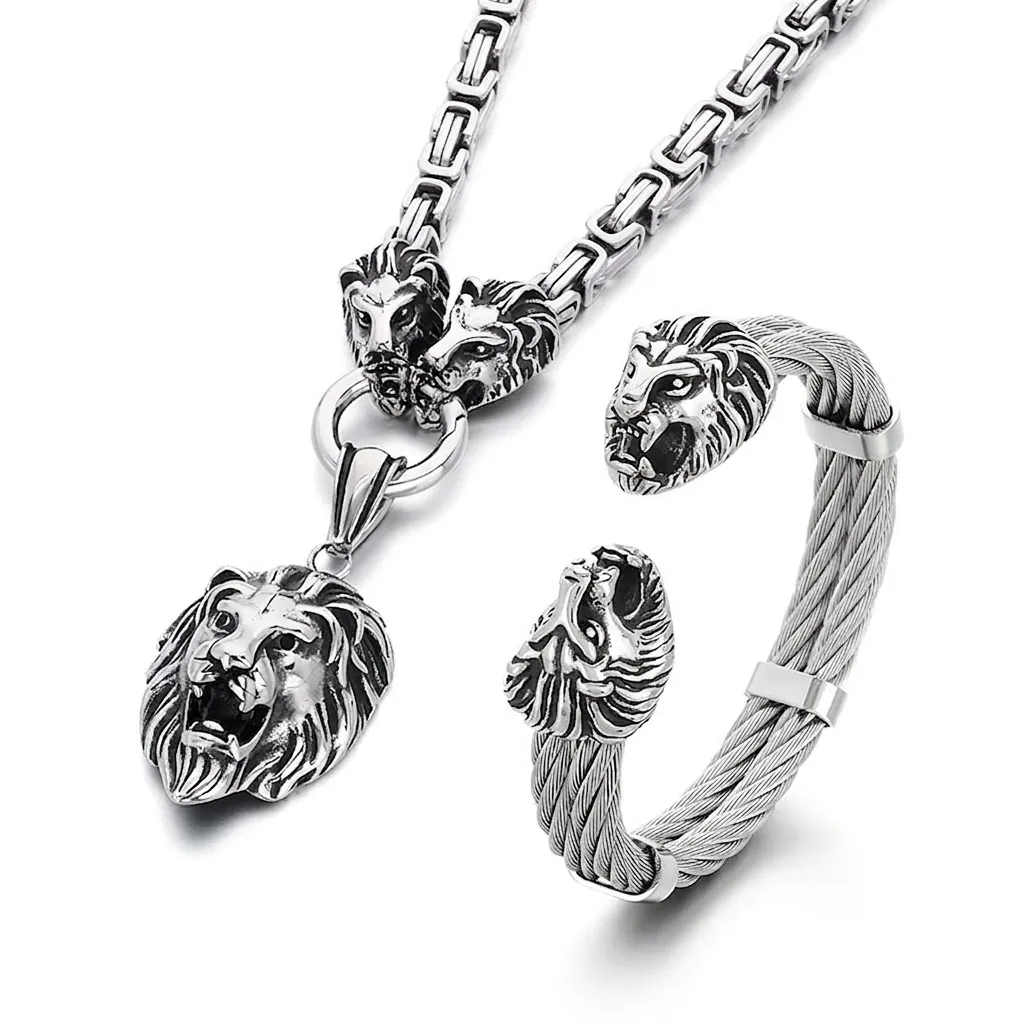 Men's Stainless Steel Lion Head Byzantine Chain Necklace And Open Cuff Bangle Retro Punk Hip Hop Gothic Jewelry