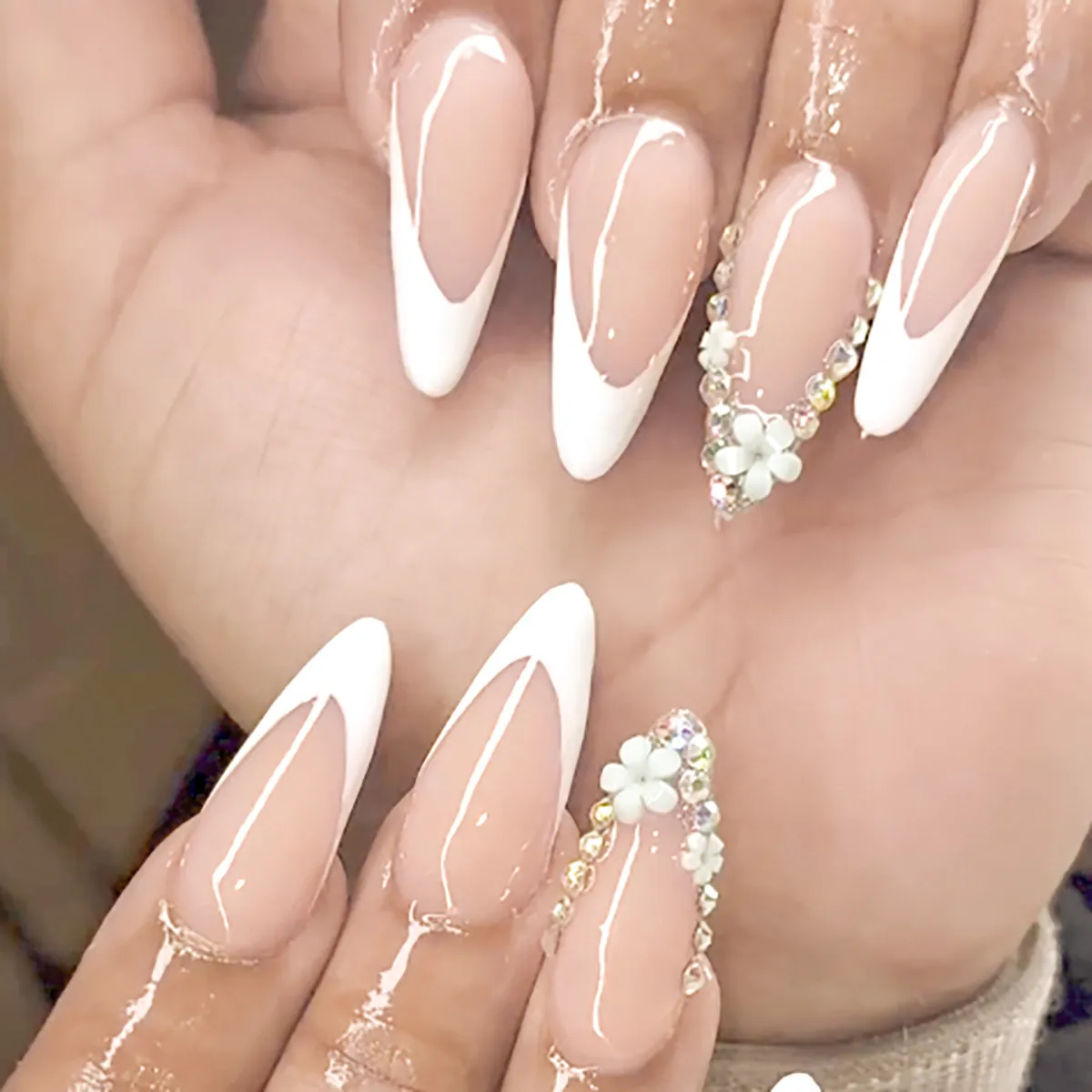 French Almond Press On Nails Elegant White Tip Nude Pink False Nails With 3D Floral And Rhinestone Design