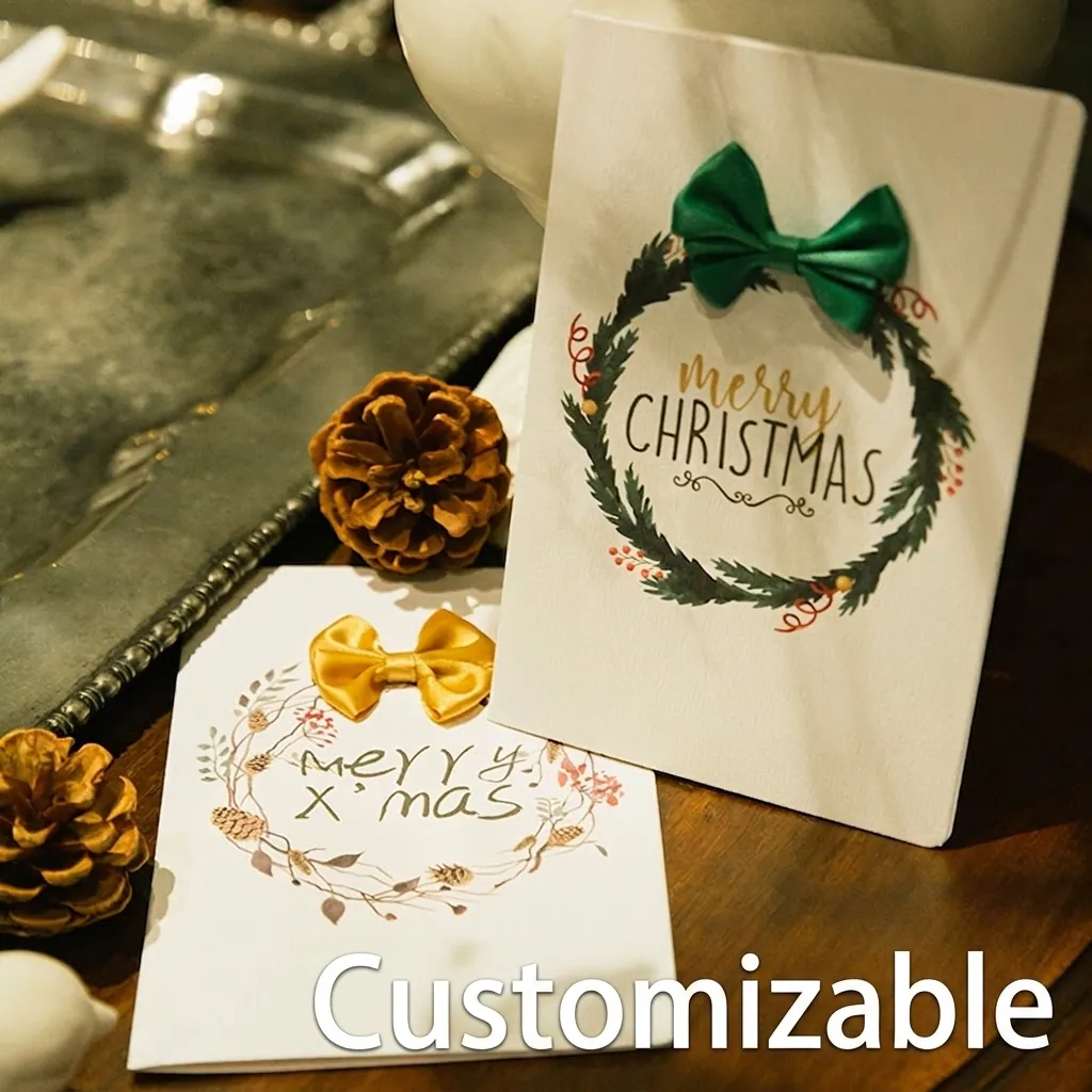 Christmas Greeting Card 3D Ribbon Bow Floral Wreath Special Texture Paper Foldable Holiday Blessing Gift Card