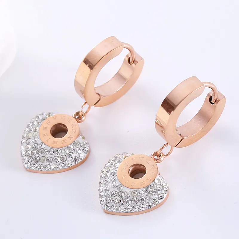 Heart Dangle Earrings 316L Stainless Steel Hollow Roman Numerals Pave Rhinestone Hinged Hoop Elegant Jewelry For Women