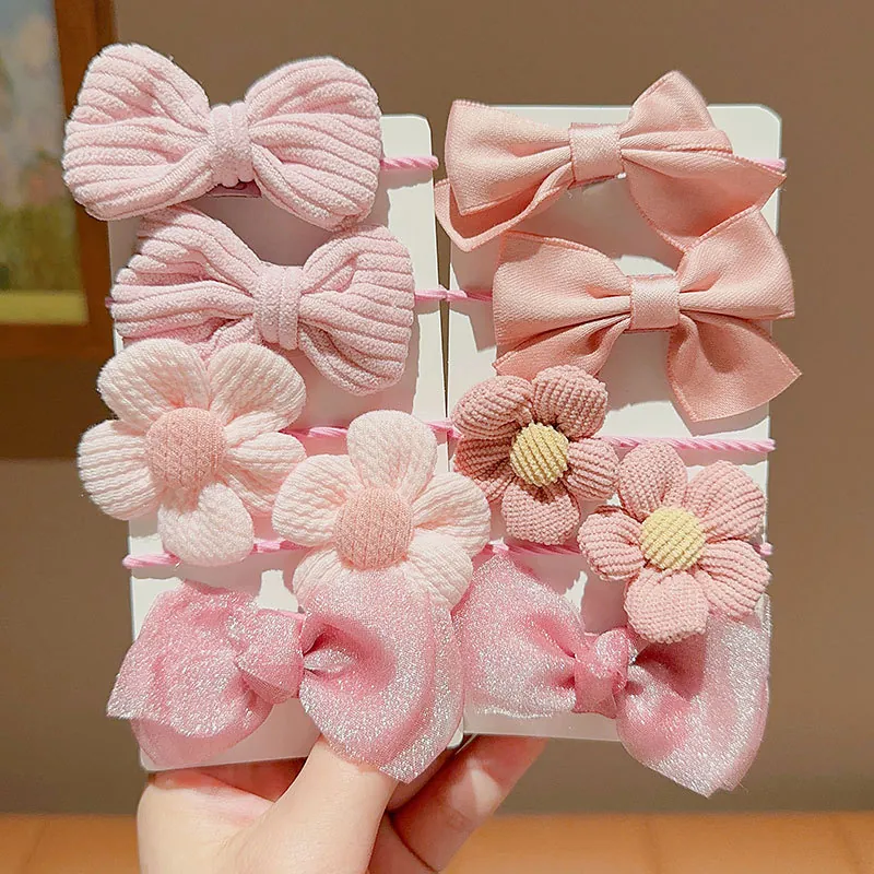 Cute Bowknot Flower Hair Ties Fabric Gingham Floral Pattern Elastic Ropes Hair Clips Accessories For Kids Girls