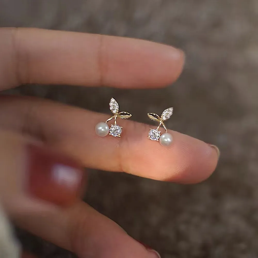 Cherry Stud Earrings For Women With 925 Sterling Silver Earring Post Zircon Artificial Pearl Sweet Fruit Jewelry