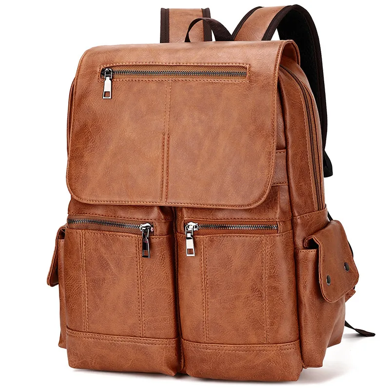 Men Backpack Vintage PU Leather Large Capacity Waterproof Business Travel Casual Computer Bag Multifunction