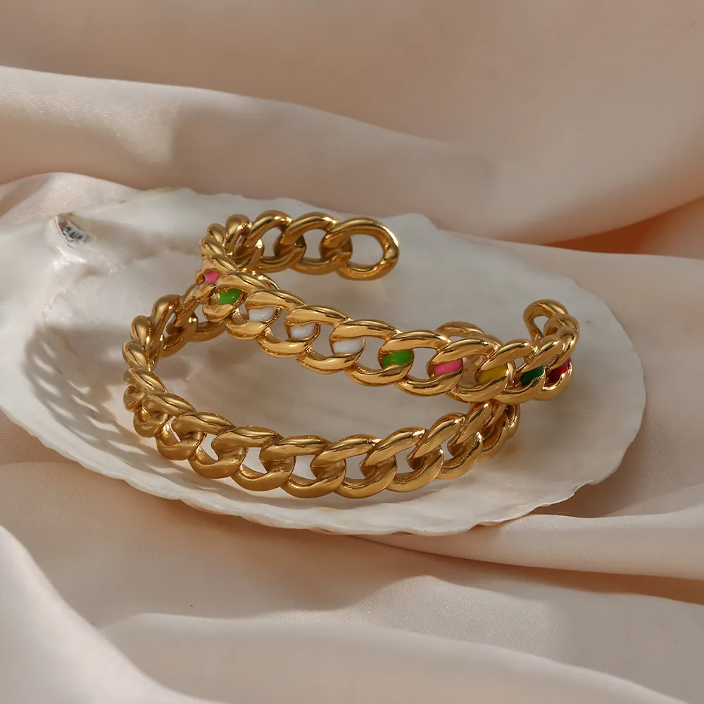 Stainless Steel Colorful Enamel Cuban Chain Open Bracelet Geometric Twist Woven Gold Plated Fashion Jewelry For Women Gift