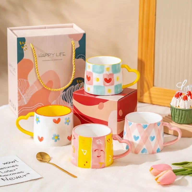 Ceramic Mug With Heart Shaped Handle Hand Painted Cute Cartoon Coffee Cup Microwave Safe Gift Box Spoon