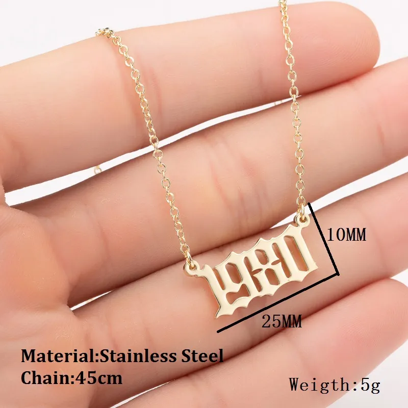 Stainless Steel Necklace Year Number Pendant Gothic Old English Font Birthday Memorial Gift Minimalist Jewelry For Women