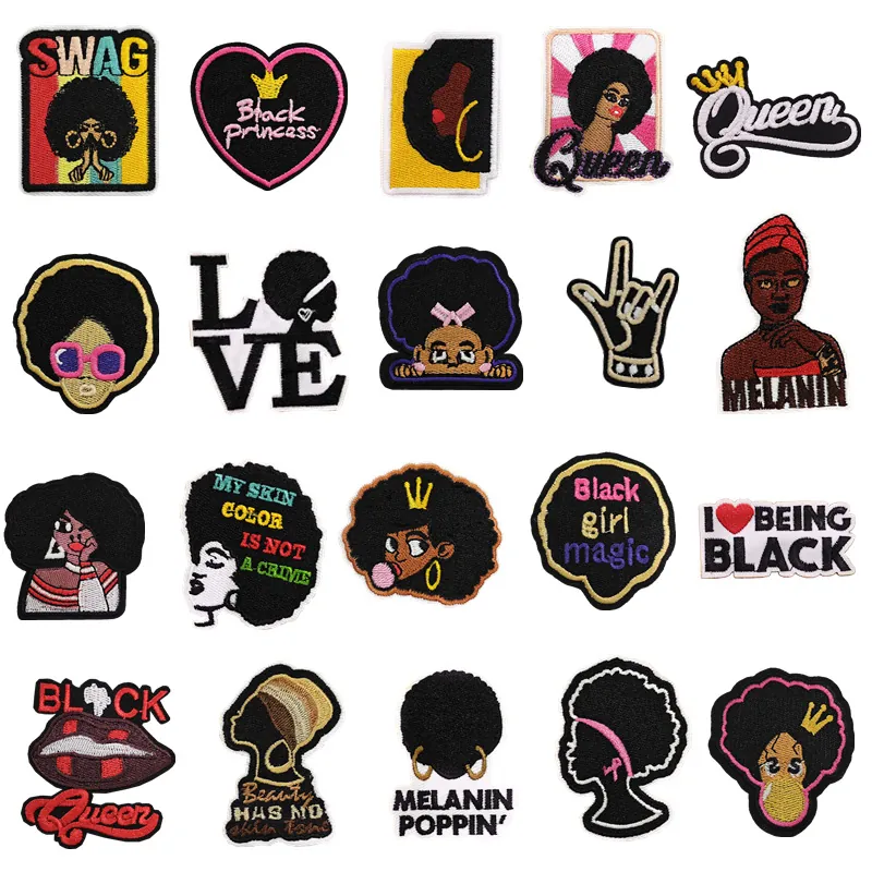 Afro Black Girl Embroidered Patch Iron On Polyester Slogan Queen Melanin Poppin For Clothing Bags DIY Decor