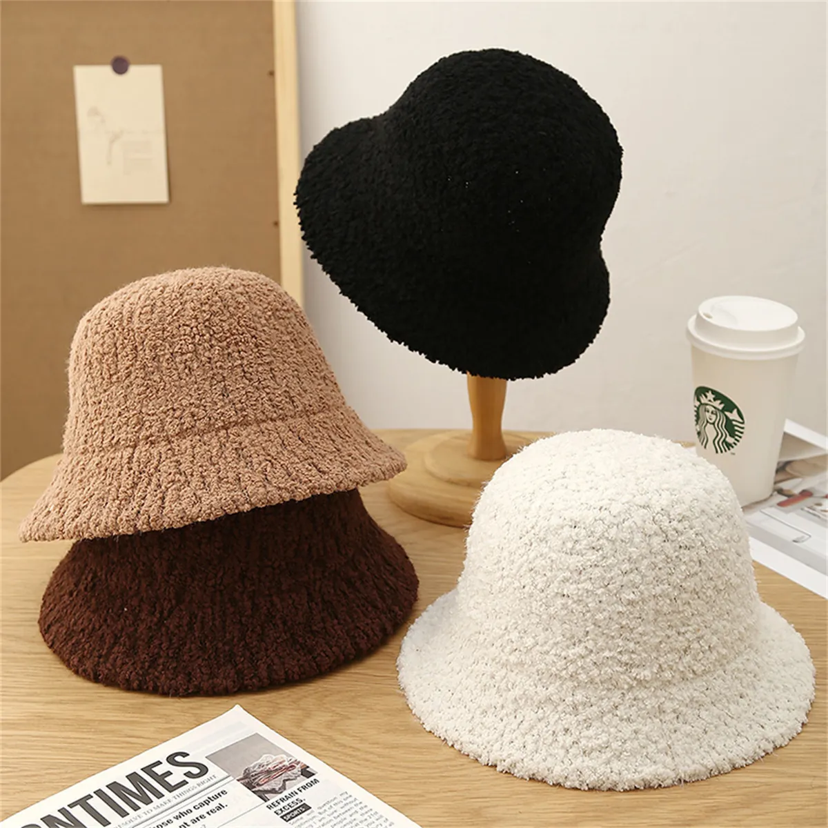 Women Autumn Winter Sherpa Fleece Bucket Hat Warm Solid Color Korean Style Fisherman Hat