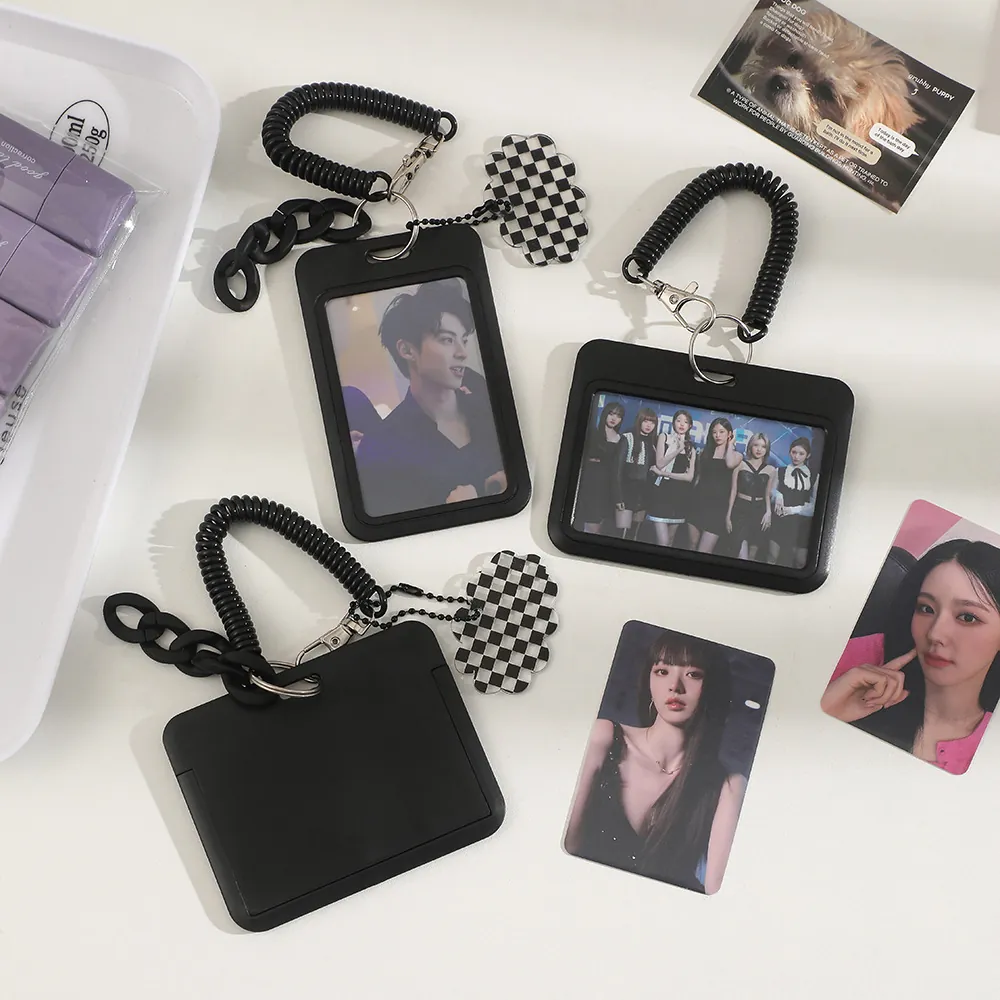 Black ID Card Holder With Spring Coil Keychain And Checkerboard Cloud Pendant Plastic Horizontal Vertical Protection Sleeve