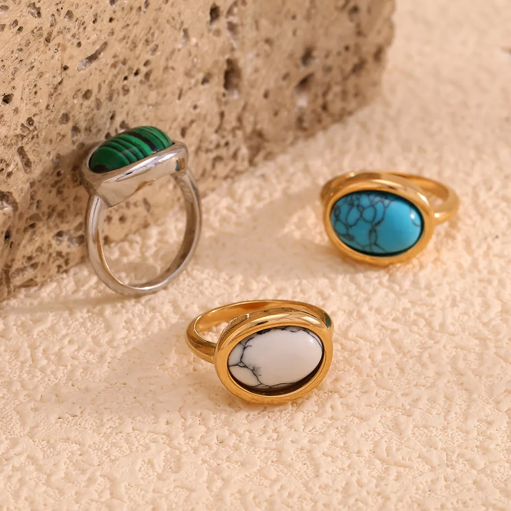 Bague Vintage en Acier Inoxydable Plaqué Or 18K avec Pierre Naturelle pour Femme Ovale Géométrique Turquoise Malachite Marbre Bijoux de Mode