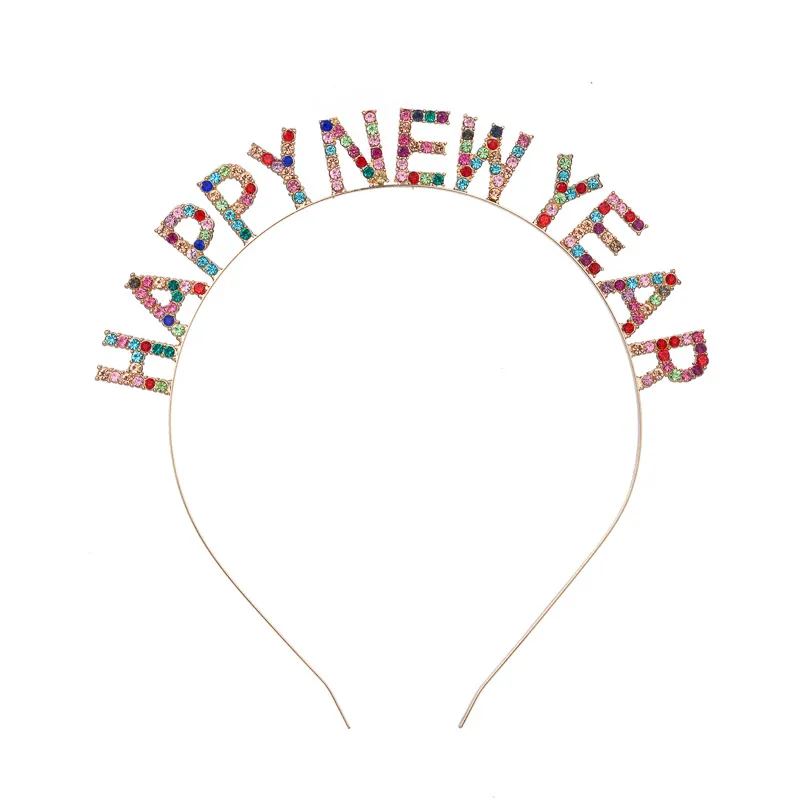 Happy New Year Headband Rhinestone Alloy Glitter Letter Hair Hoop Party Celebration Headpiece Fashion Accessory