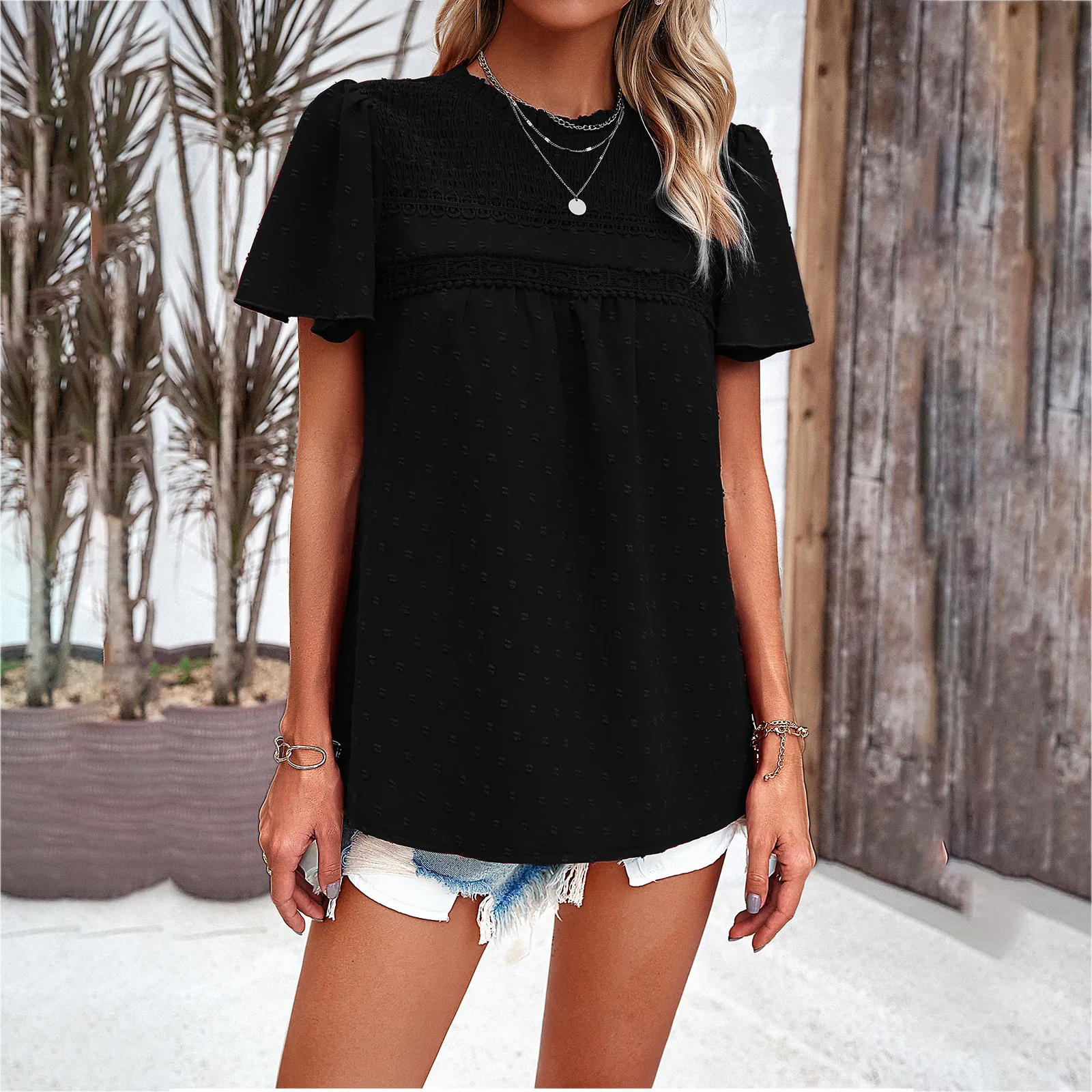 Women Blouse Top Swiss Dot Fabric Lace Patchwork Short Sleeve Round Neck Casual Summer Vacation Ruffle Sleeve Back Tie