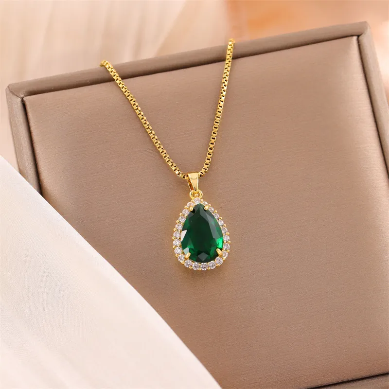 Teardrop Pendant Necklace Green Zircon Stainless Steel Gold Plated Box Chain Elegant Fashion For Women
