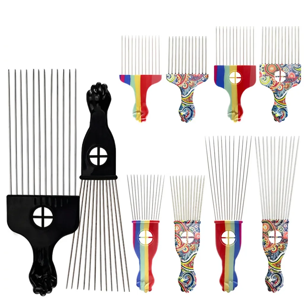 Afro Pick Hair Comb With Stainless Steel Pins And ABS Fist Handle For Curly Hair Styling Professional Barber Tool