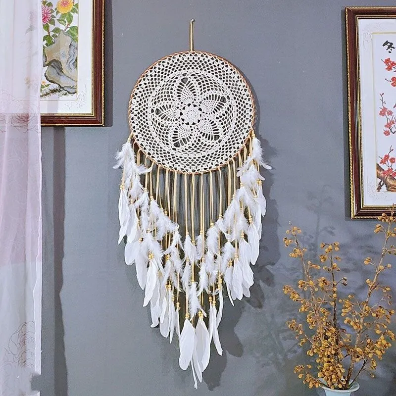 Grand Capteur de Rêves Bohème Fait à la Main Blanc Coton Crochet Décoration Murale Avec Plumes Perles en Bois pour Mariage Maison