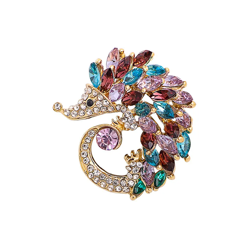 Hedgehog Brooch Alloy Colorful Rhinestone Animal Pin Vintage Creative Crystal Breastpin For Women Clothing Decoration