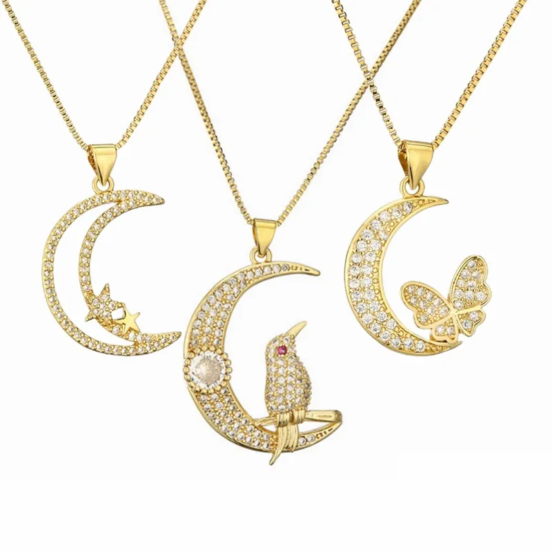 Collana Pendente Luna Rame Zircone Farfalla Uccello Stella Placcato Oro Catena Scatola Micro Pave Gioielli Minimalisti Per Donne