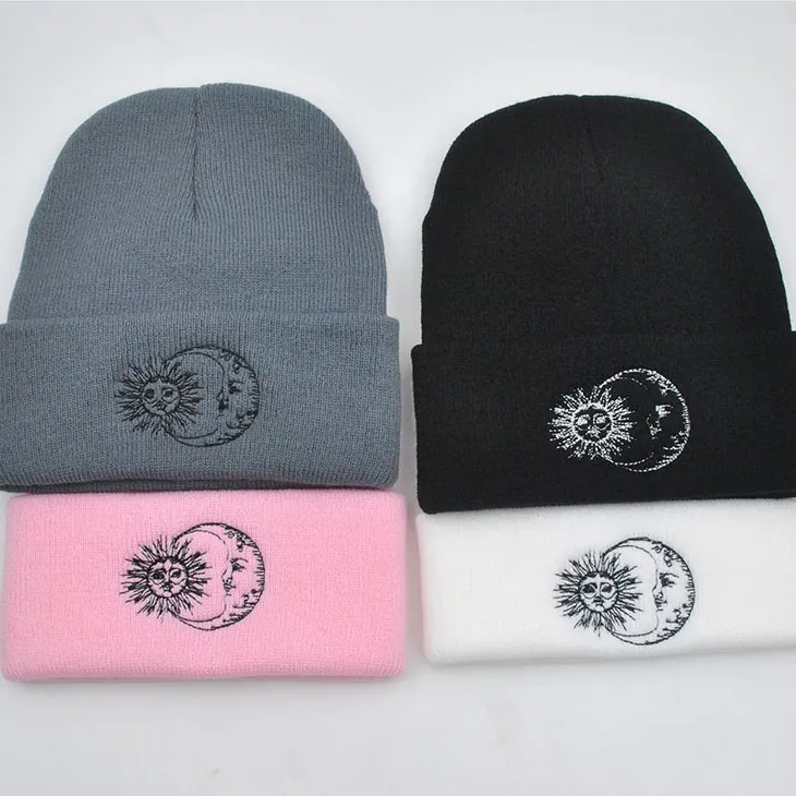 Sun Moon Embroidery Knitted Beanie Acrylic Warm Cuffed Winter Hat For Men Women Outdoor